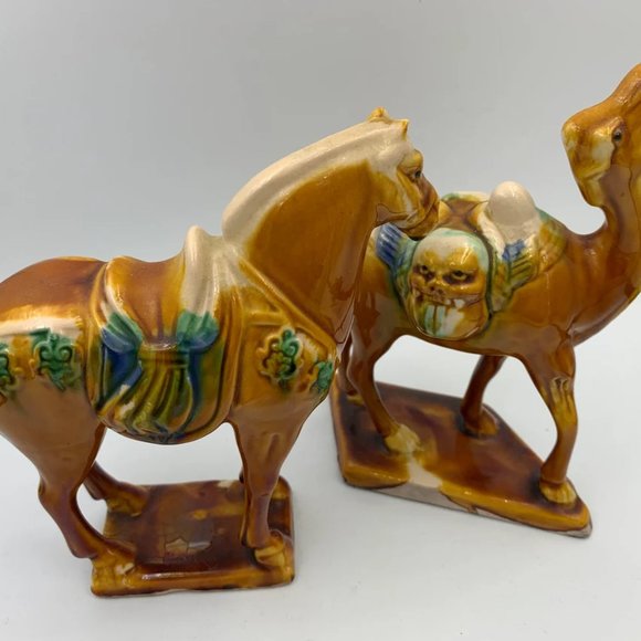 1980's Vintage Chinese Sancai Glaze Porcelain Tang Camel and Horse Figures - Picture 1 of 6